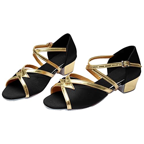 Girl's Latin Dance Shoes Soft Soled Girls Glitter Ballroom Dance Shoes Kids Latin Tango Dance Practice Low Heels 2 Style-1-Gold