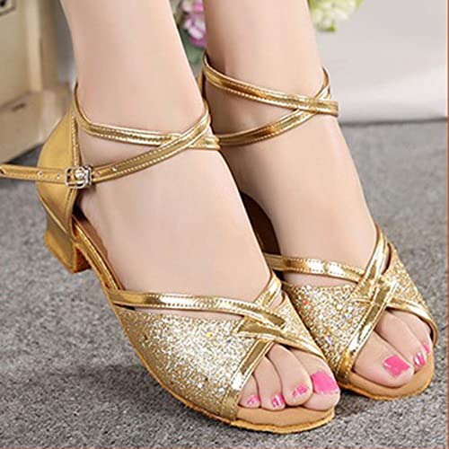 Girl's Latin Dance Shoes Soft Soled Girls Glitter Ballroom Dance Shoes Kids Latin Tango Dance Practice Low Heels 2 Style-1-Gold