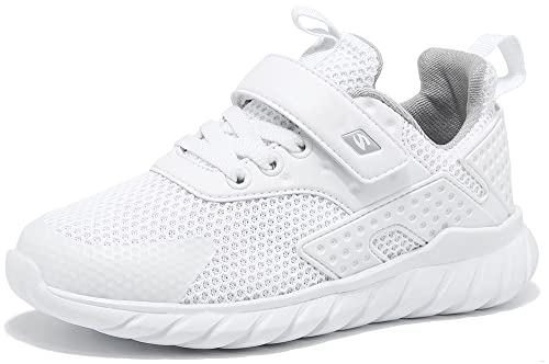 Kids Walking Sports Running Shoes Breathable Casual Boys Girls Trainers Lightweight Athletic Sneakers, White, 9 UK Child