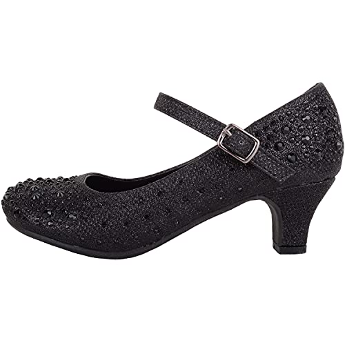 ABSOLUTE FOOTWEAR Childrens Kids Girls Glitter Sparkly Diamante Wedding Party Pagent Heeled Shoes - Black - UK Child 13 / EU 32