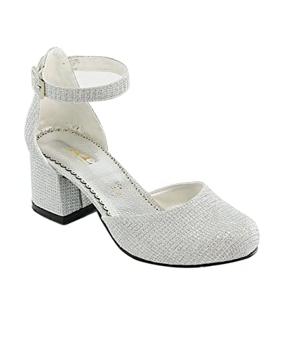 Flower Girls Communion Low Block Dress Silver Shoes Chunky Heels Closed Round Toe Ankle Strap Pump Size UK Youth 1