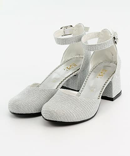 Flower Girls Communion Low Block Dress Silver Shoes Chunky Heels Closed Round Toe Ankle Strap Pump Size UK Youth 1