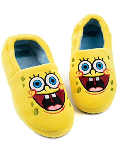 SpongeBob Kids Slippers | Boys Girls Animated Character Face Yellow Blue Elasticated Heel Support House Sliders | Movie Series Merchandise 12 Child UK