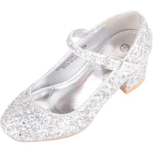 Childrens Kids Girls Slip On Heeled Sparkly Glitter Pagent Party Celebration Shoes - Silver - UK Child 1 / EU 33-34
