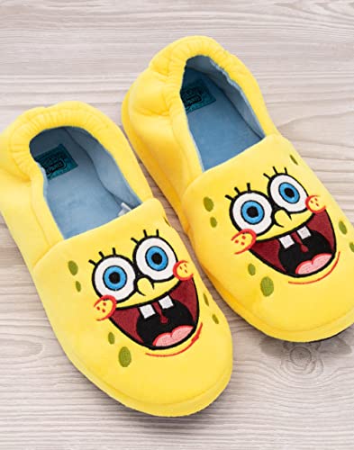 SpongeBob Kids Slippers | Boys Girls Animated Character Face Yellow Blue Elasticated Heel Support House Sliders | Movie Series Merchandise 12 Child UK