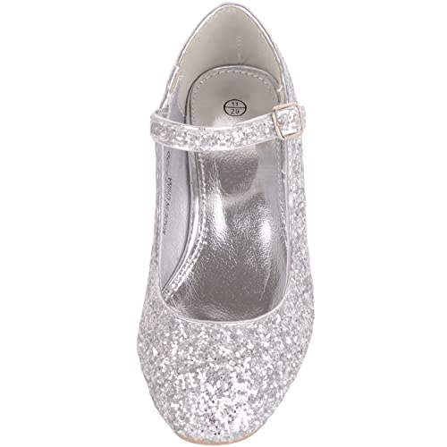 Childrens Kids Girls Slip On Heeled Sparkly Glitter Pagent Party Celebration Shoes - Silver - UK Child 1 / EU 33-34