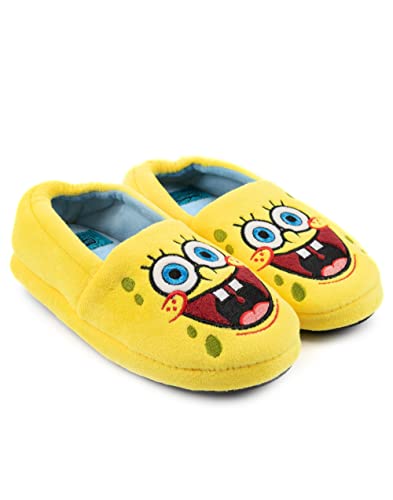 SpongeBob Kids Slippers | Boys Girls Animated Character Face Yellow Blue Elasticated Heel Support House Sliders | Movie Series Merchandise 12 Child UK