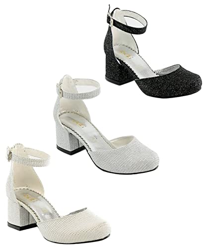 Flower Girls Communion Low Block Dress Silver Shoes Chunky Heels Closed Round Toe Ankle Strap Pump Size UK Youth 1