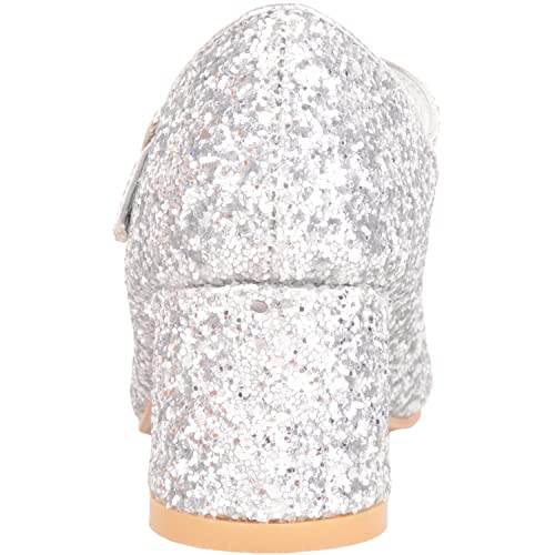 Childrens Kids Girls Slip On Heeled Sparkly Glitter Pagent Party Celebration Shoes - Silver - UK Child 1 / EU 33-34