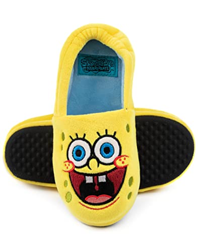 SpongeBob Kids Slippers | Boys Girls Animated Character Face Yellow Blue Elasticated Heel Support House Sliders | Movie Series Merchandise 12 Child UK