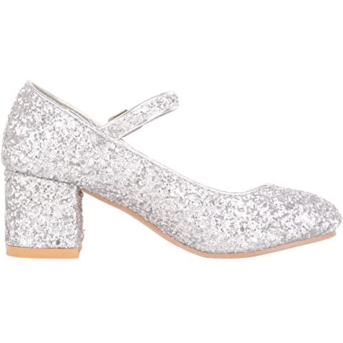 Childrens Kids Girls Slip On Heeled Sparkly Glitter Pagent Party Celebration Shoes - Silver - UK Child 1 / EU 33-34