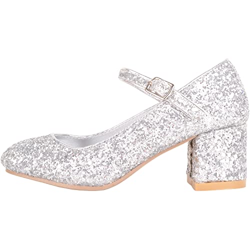 Childrens Kids Girls Slip On Heeled Sparkly Glitter Pagent Party Celebration Shoes - Silver - UK Child 1 / EU 33-34