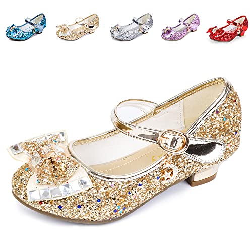 Girls Princess Dress Shoes Mary Jane Sequins Bridesmaids Shoes Cinderella Sparkle Heels Shoes for Wedding Dancing Party Shiny Gold