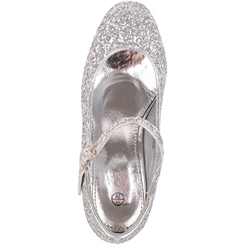 Childrens Kids Girls Slip On Heeled Sparkly Glitter Pagent Party Celebration Shoes - Silver - UK Child 1 / EU 33-34