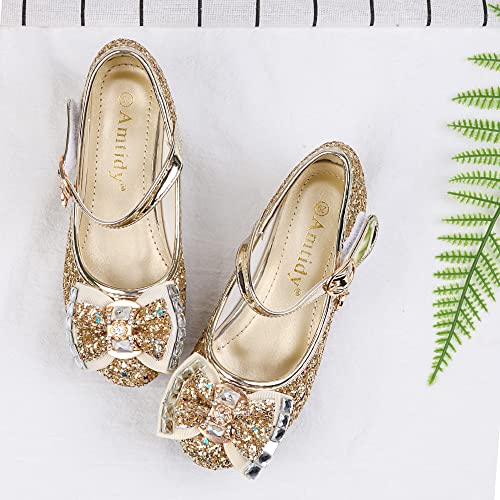 Girls Princess Dress Shoes Mary Jane Sequins Bridesmaids Shoes Cinderella Sparkle Heels Shoes for Wedding Dancing Party Shiny Gold