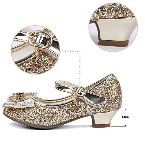Girls Princess Dress Shoes Mary Jane Sequins Bridesmaids Shoes Cinderella Sparkle Heels Shoes for Wedding Dancing Party Shiny Gold