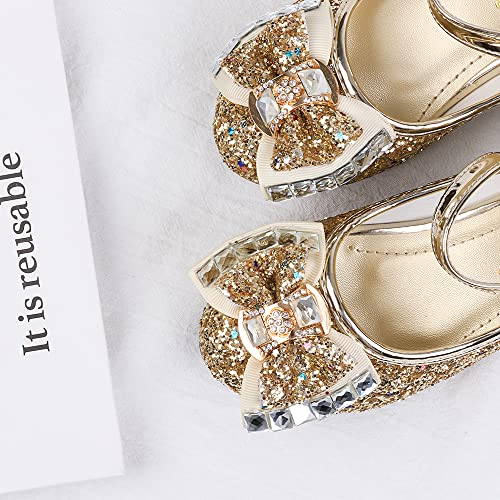 Girls Princess Dress Shoes Mary Jane Sequins Bridesmaids Shoes Cinderella Sparkle Heels Shoes for Wedding Dancing Party Shiny Gold