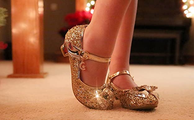 Girls Princess Dress Shoes Mary Jane Sequins Bridesmaids Shoes Cinderella Sparkle Heels Shoes for Wedding Dancing Party Shiny Gold