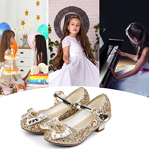 Girls Princess Dress Shoes Mary Jane Sequins Bridesmaids Shoes Cinderella Sparkle Heels Shoes for Wedding Dancing Party Shiny Gold