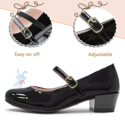 MIXIN Kids Children School Shoes Black Uniform Shoes for Girls with Low Block Heel Size 3