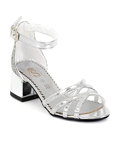 Open Toe Strappy Girls Sandals Block Heel Ankle Strap Dress Shoes in Silver UK Size Youth 1