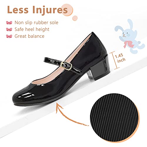MIXIN Kids Children School Shoes Black Uniform Shoes for Girls with Low Block Heel Size 3