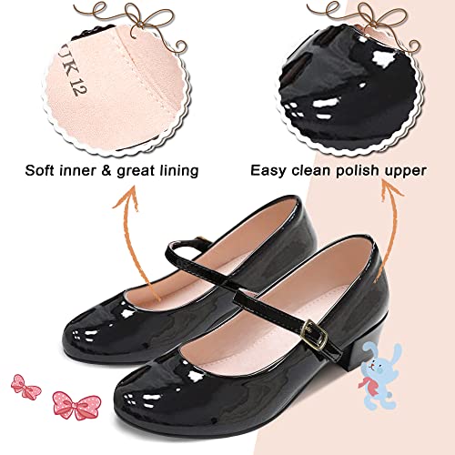 MIXIN Kids Children School Shoes Black Uniform Shoes for Girls with Low Block Heel Size 3