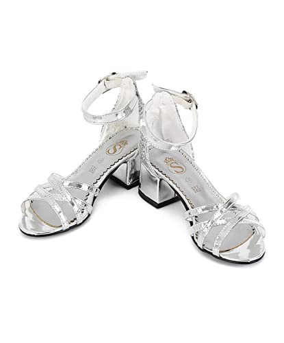 Open Toe Strappy Girls Sandals Block Heel Ankle Strap Dress Shoes in Silver UK Size Youth 1