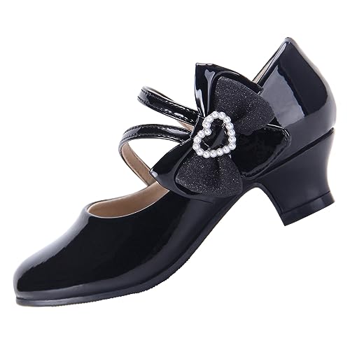 EIGHT KM Girls High Heel Dress Shoes Mary Jane Wedding Party Pump Princess Shoes EKM7035 Patent Leather Heart Pearl Bow Black UK Big Kid Size 4