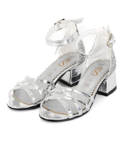 Open Toe Strappy Girls Sandals Block Heel Ankle Strap Dress Shoes in Silver UK Size Youth 1