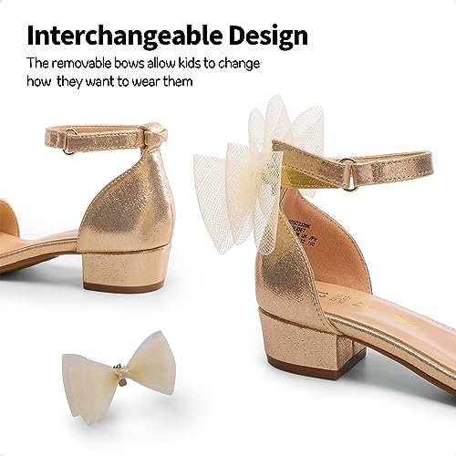 DREAM PAIRS Girls Sandals Low Heel Dress Pump Ankle Strap Interchangeable Bow Flower Wedding Party Shoes for Little Kid/Big Kid,Size 12,GOLD,SDSD2320K
