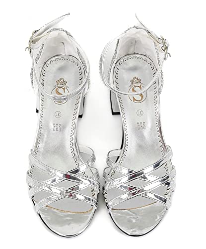 Open Toe Strappy Girls Sandals Block Heel Ankle Strap Dress Shoes in Silver UK Size Youth 1