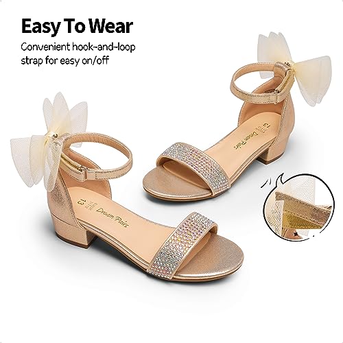 DREAM PAIRS Girls Sandals Low Heel Dress Pump Ankle Strap Interchangeable Bow Flower Wedding Party Shoes for Little Kid/Big Kid,Size 12,GOLD,SDSD2320K