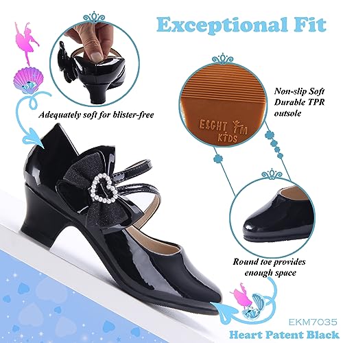 EIGHT KM Girls High Heel Dress Shoes Mary Jane Wedding Party Pump Princess Shoes EKM7035 Patent Leather Heart Pearl Bow Black UK Big Kid Size 4