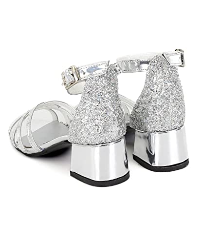 Open Toe Strappy Girls Sandals Block Heel Ankle Strap Dress Shoes in Silver UK Size Youth 1