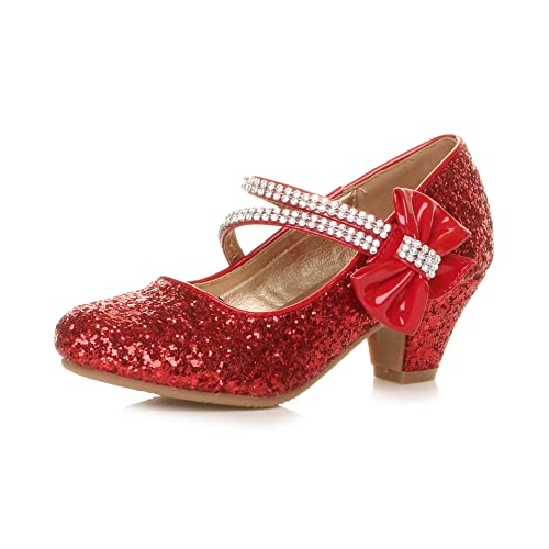 Ajvani Girls Kids Childrens Low Heel Strap Bridesmaid Party Formal Evening Shoes, Red Glitter Bow, 1 UK Child