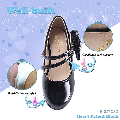 EIGHT KM Girls High Heel Dress Shoes Mary Jane Wedding Party Pump Princess Shoes EKM7035 Patent Leather Heart Pearl Bow Black UK Big Kid Size 4