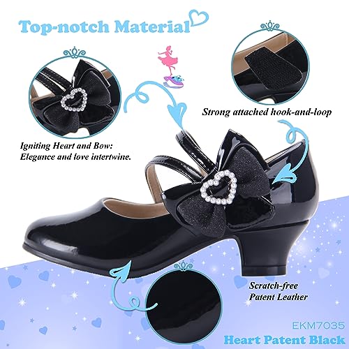 EIGHT KM Girls High Heel Dress Shoes Mary Jane Wedding Party Pump Princess Shoes EKM7035 Patent Leather Heart Pearl Bow Black UK Big Kid Size 4
