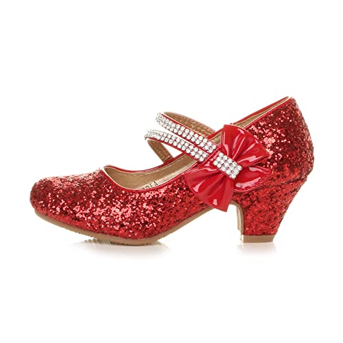 Ajvani Girls Kids Childrens Low Heel Strap Bridesmaid Party Formal Evening Shoes, Red Glitter Bow, 1 UK Child