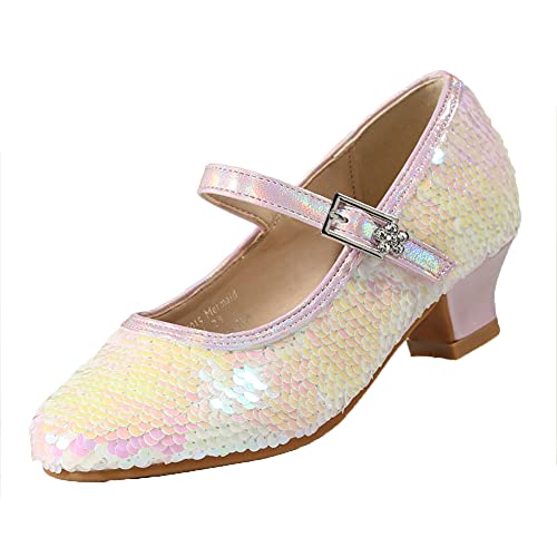 EIGHT KM Girls High Heel Dress Shoes Mary Jane Princess Wedding Party Pump Shoes EKM7015 Shiny Sequins Mermaid Pearl Pink 13.5 UK Little Kid