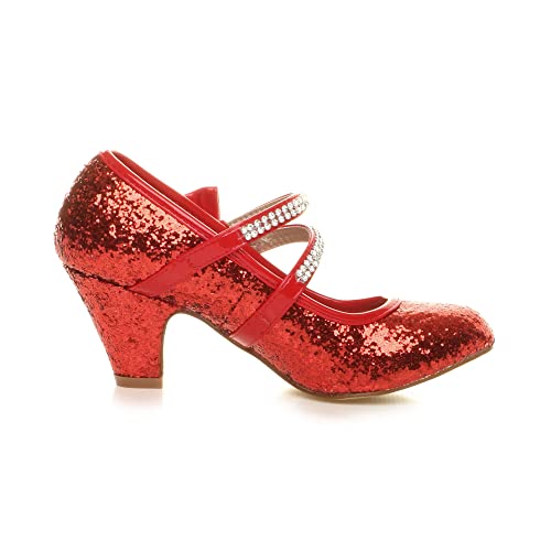 Ajvani Girls Kids Childrens Low Heel Strap Bridesmaid Party Formal Evening Shoes, Red Glitter Bow, 1 UK Child