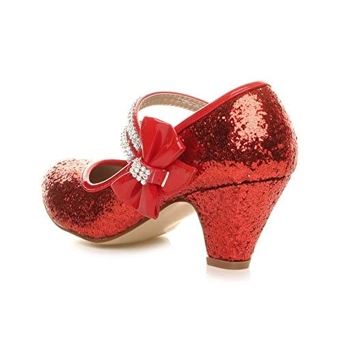 Ajvani Girls Kids Childrens Low Heel Strap Bridesmaid Party Formal Evening Shoes, Red Glitter Bow, 1 UK Child