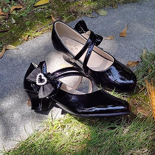 EIGHT KM Girls High Heel Dress Shoes Mary Jane Wedding Party Pump Princess Shoes EKM7035 Patent Leather Heart Pearl Bow Black UK Big Kid Size 4