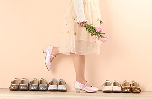 EIGHT KM Girls High Heel Dress Shoes Mary Jane Princess Wedding Party Pump Shoes EKM7015 Shiny Sequins Mermaid Pearl Pink 13.5 UK Little Kid