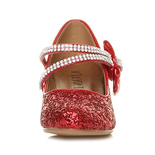 Ajvani Girls Kids Childrens Low Heel Strap Bridesmaid Party Formal Evening Shoes, Red Glitter Bow, 1 UK Child