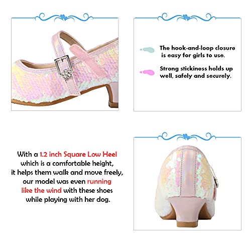 EIGHT KM Girls High Heel Dress Shoes Mary Jane Princess Wedding Party Pump Shoes EKM7015 Shiny Sequins Mermaid Pearl Pink 13.5 UK Little Kid