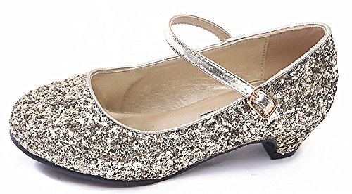 Girls Kids Childrens Mary Jane Glitter Low Kitten Heel Party Wedding Sandals Court Shoes (UK 12 Kids/EU 30, Gold Glitter)