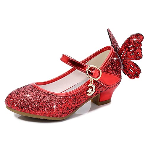 MACHSWON Girls High Heel Dress Shoes Mary Jane Princess Wedding Party Pump Sparkly Bow Shoes for Kids (Red, Size 13 UK Child)