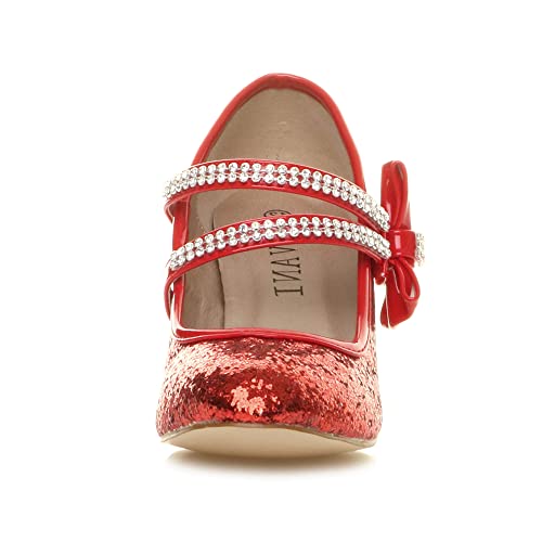 Ajvani Girls Kids Childrens Low Heel Strap Bridesmaid Party Formal Evening Shoes, Red Glitter Bow, 1 UK Child