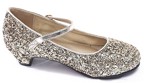 Girls Kids Childrens Mary Jane Glitter Low Kitten Heel Party Wedding Sandals Court Shoes (UK 12 Kids/EU 30, Gold Glitter)